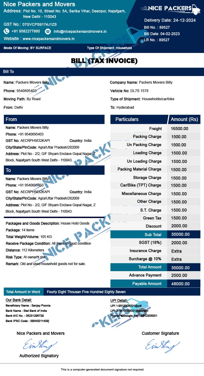 Packers and Movers Invoice