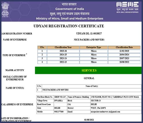 MSME Registration Certificate (Government Recognized) - Nice Packers and Movers