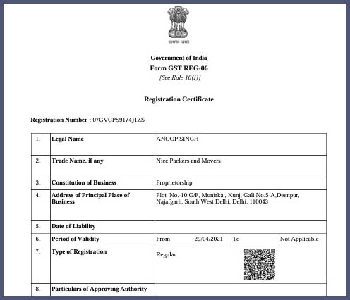 GST Registration Certificate - Nice Packers and Movers